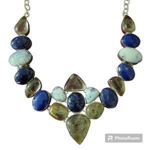 Silver plated blue lapis lazuli, dendritic agate and quartz stone neckla…